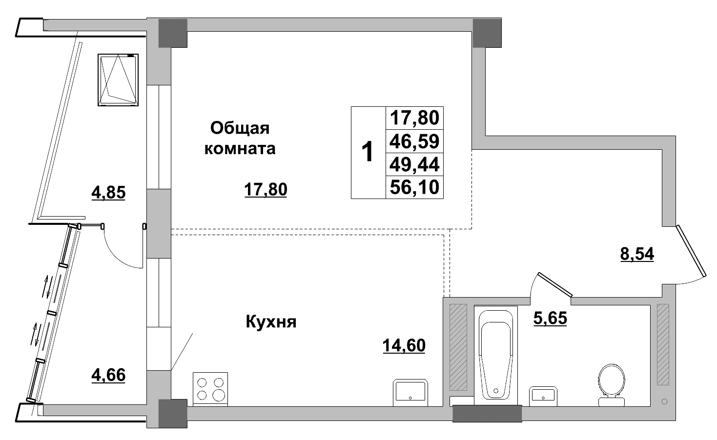1 комн., 49.44 м²
