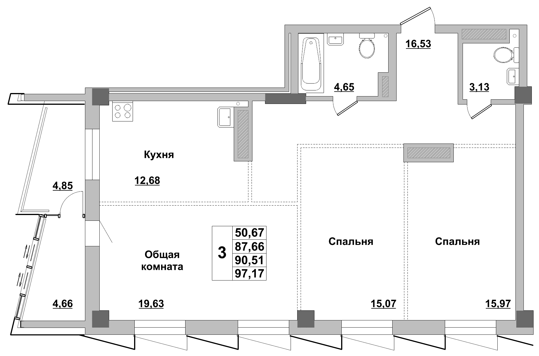 3 комн., 90.51 м²
