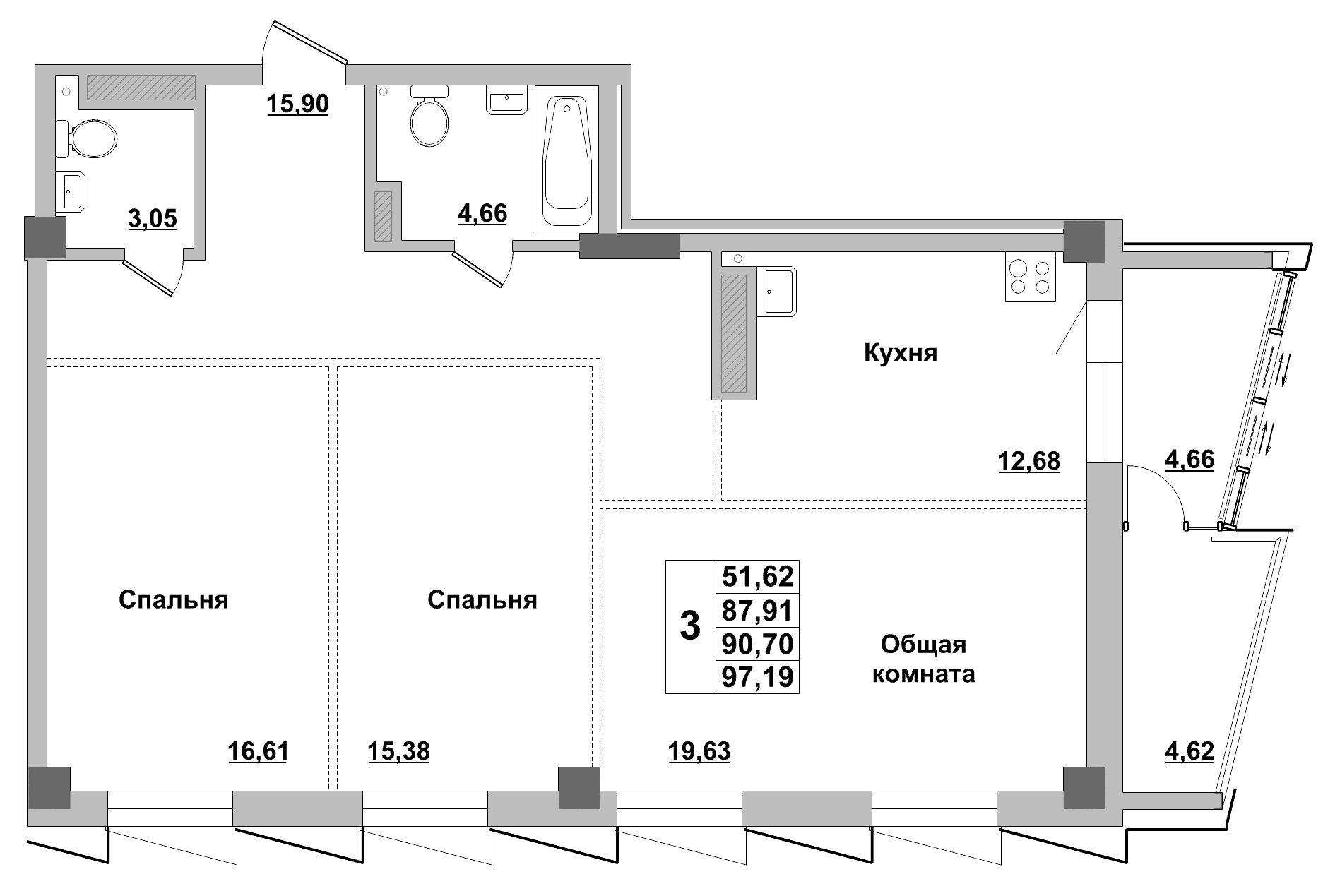 3 комн., 90.70 м²