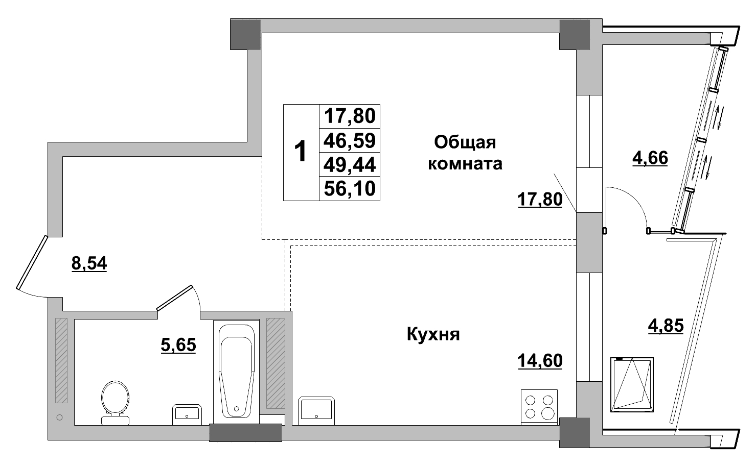 1 комн., 49.44 м²