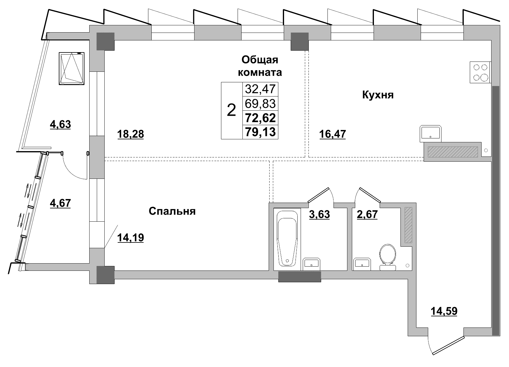2 комн., 72.62 м²