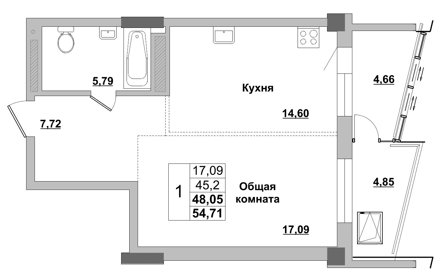 1 комн., 48.05 м²