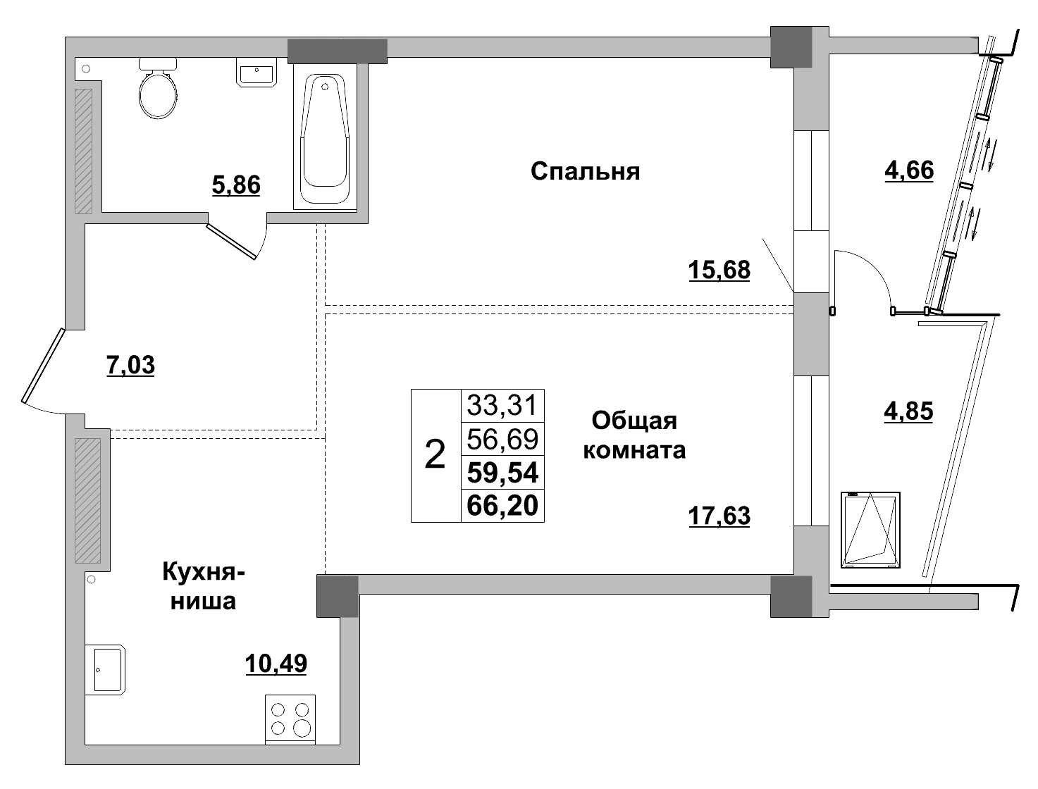 2 комн., 59.54 м²
