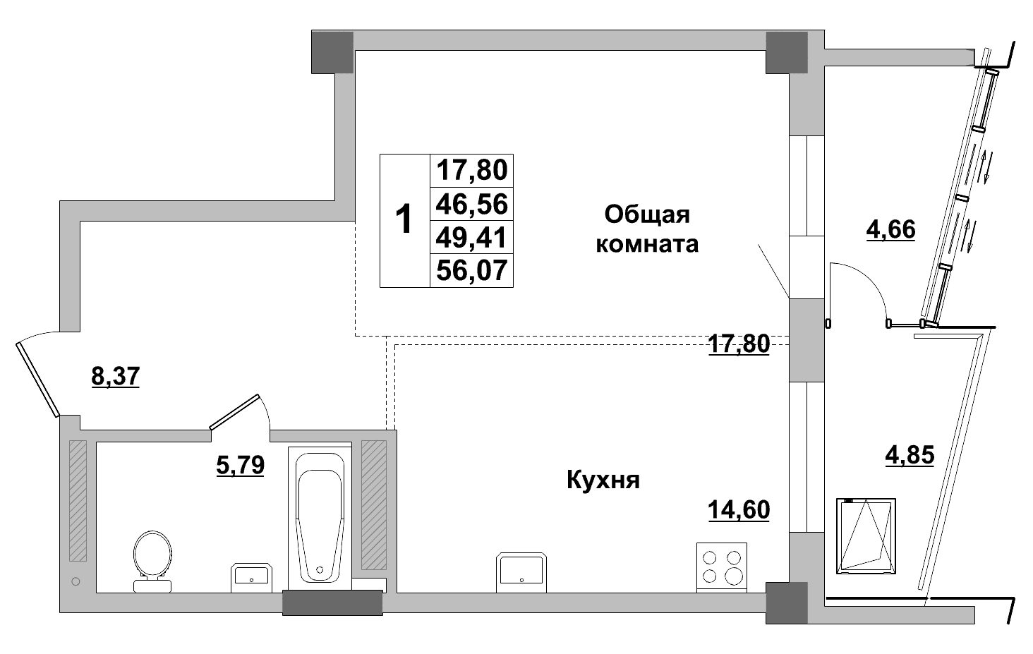 1 комн., 49.41 м²