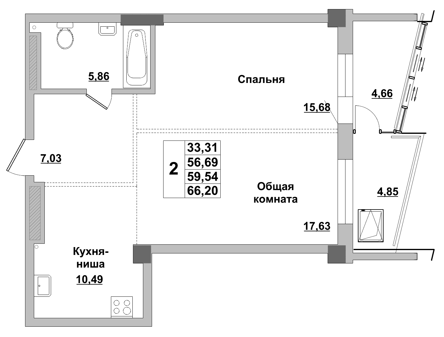 2 комн., 59.54 м²