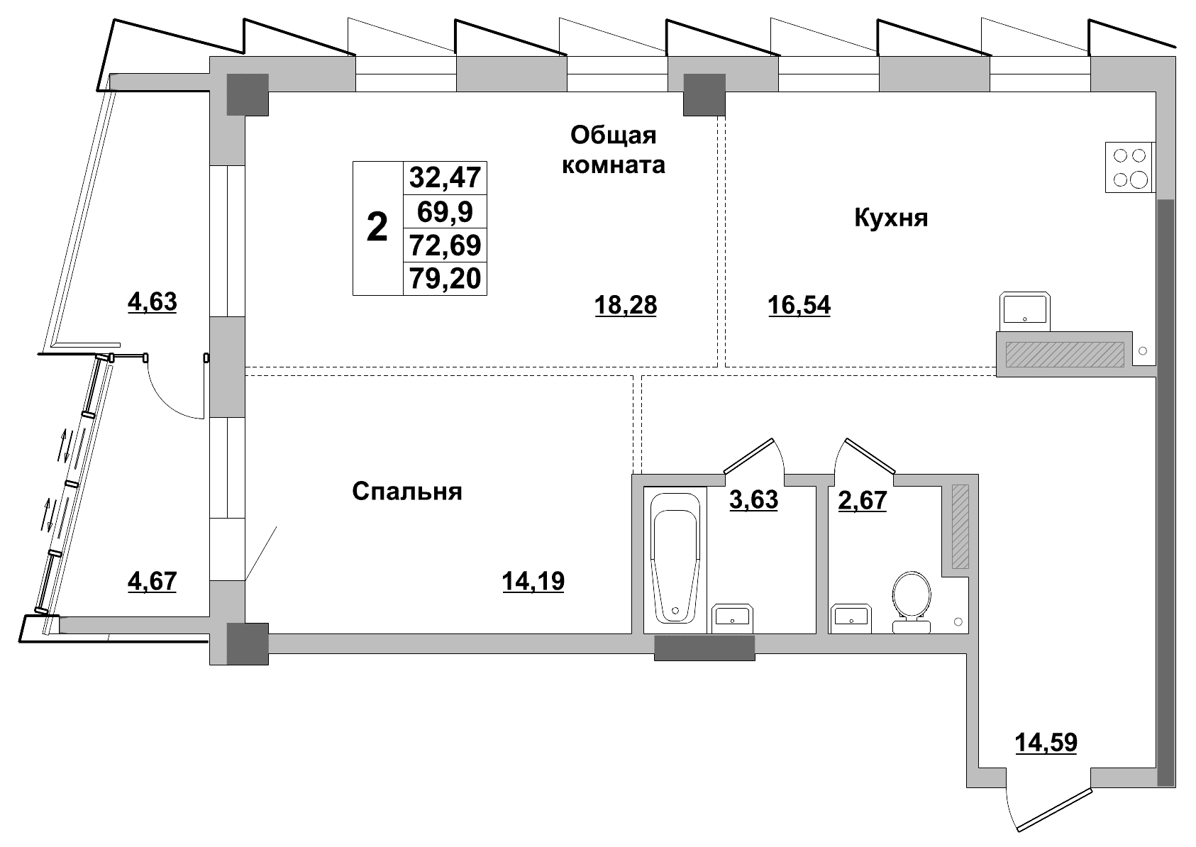 2 комн., 72.69 м²