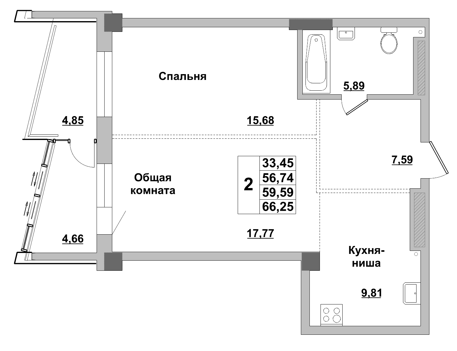 2 комн., 59.59 м²