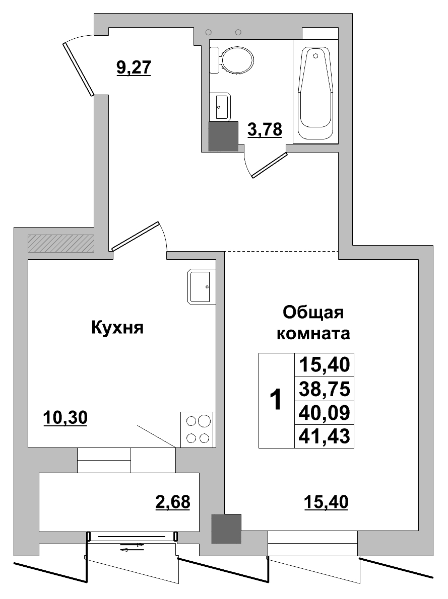1 комн., 40.09 м²