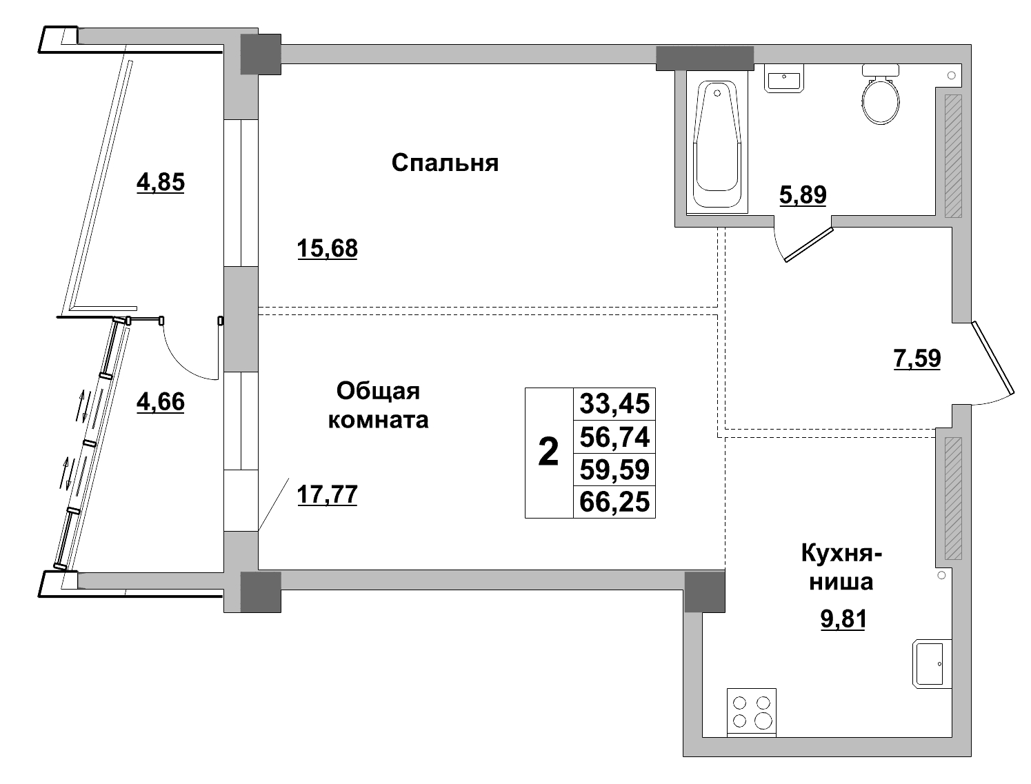 2 комн., 59.59 м²