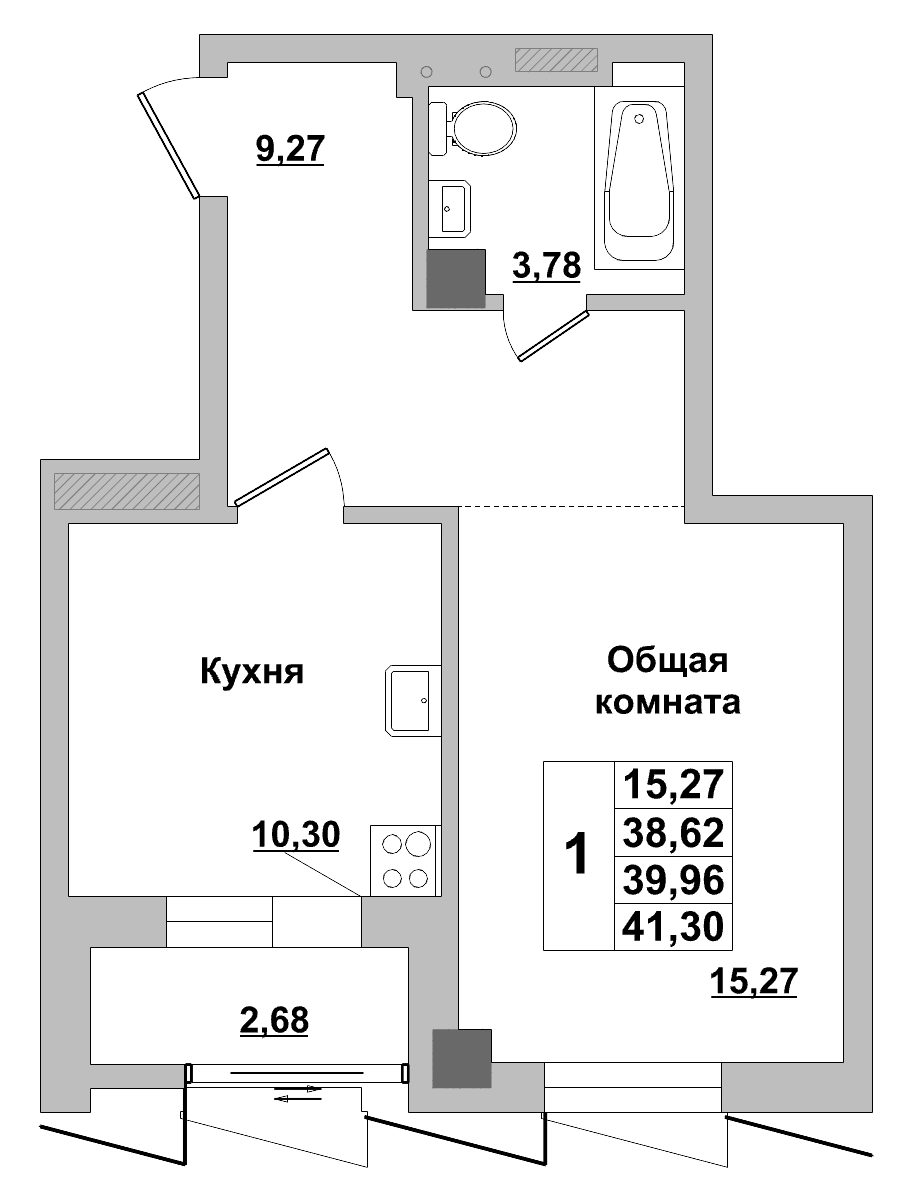 1 комн., 39.96 м²