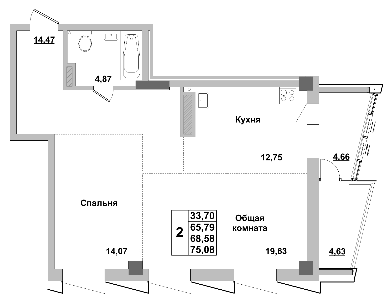 2 комн., 68.58 м²