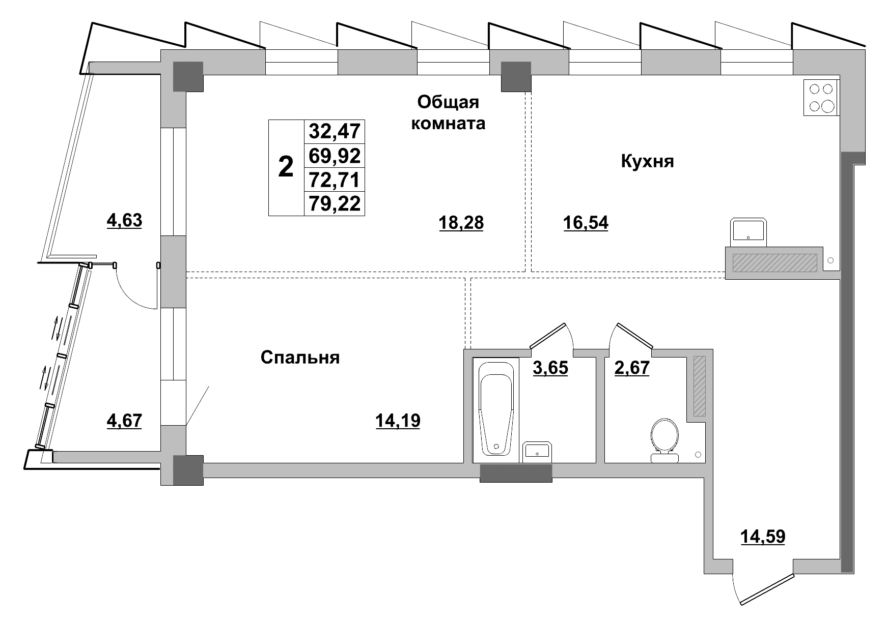 2 комн., 72.71 м²