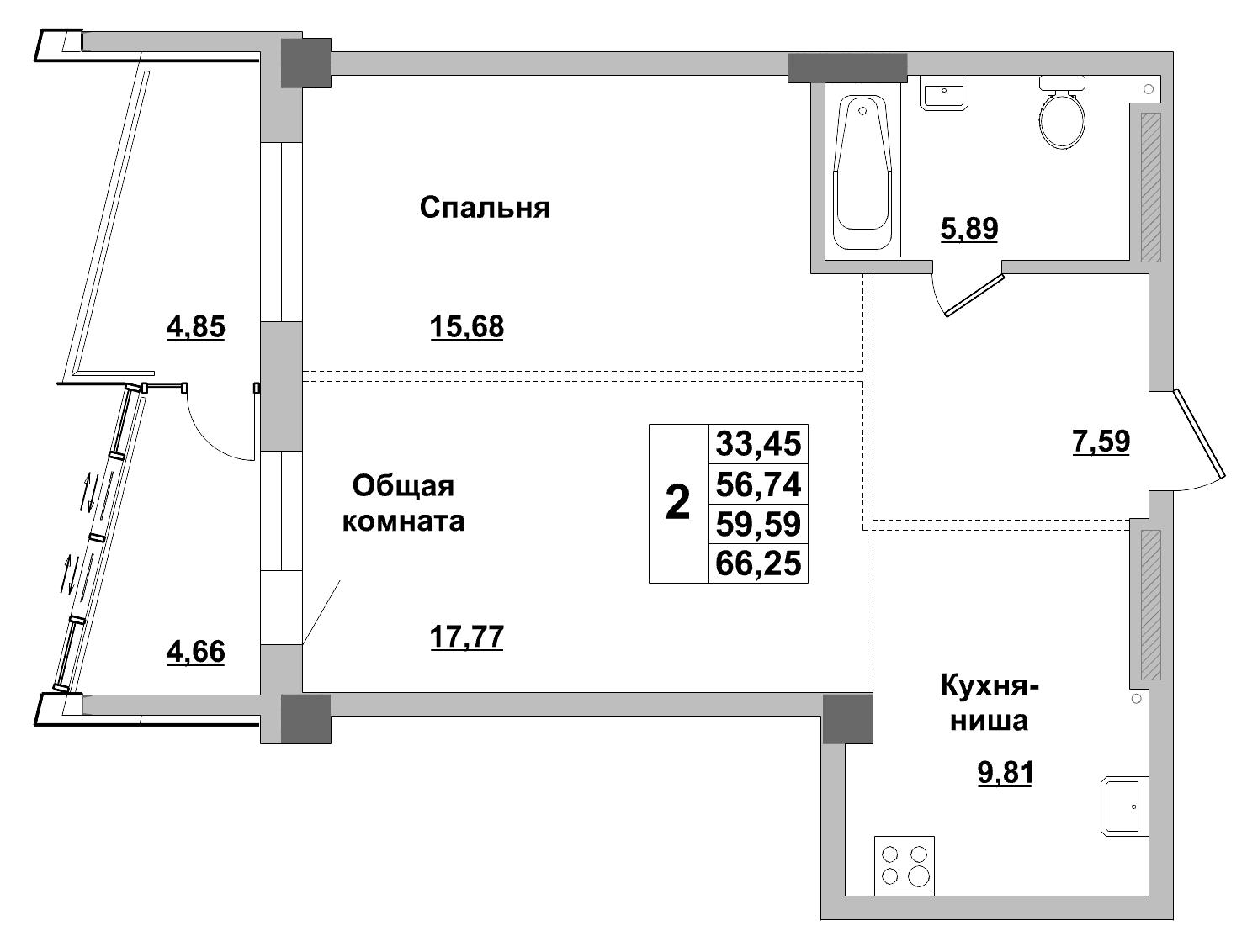 2 комн., 59.59 м²