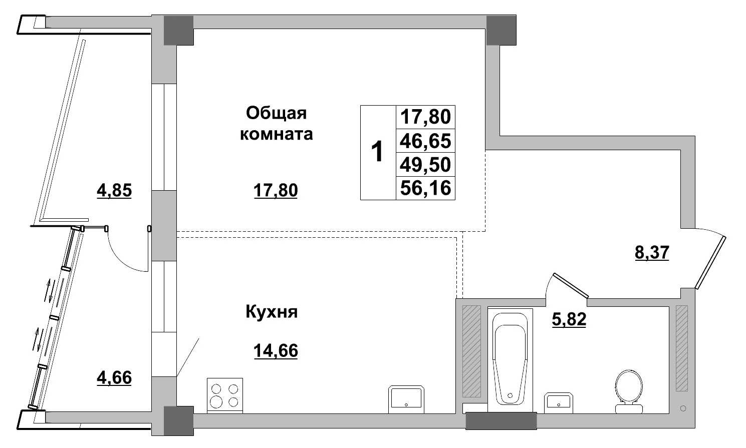 1 комн., 49.50 м²