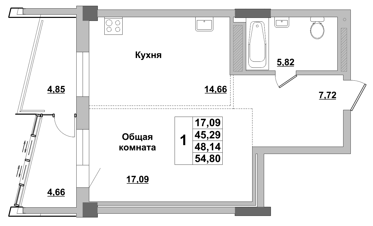 1 комн., 48.14 м²