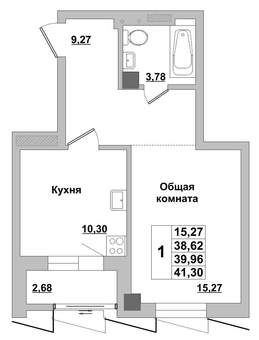 1 комн., 39.96 м²