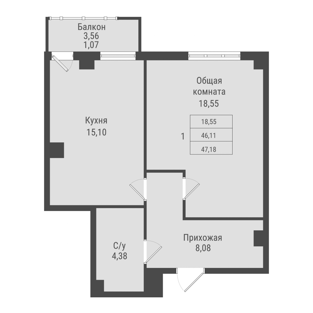 1 комн., 47.2 м²