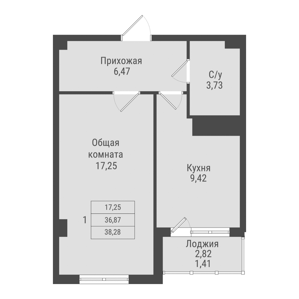 1 комн., 38.28 м²