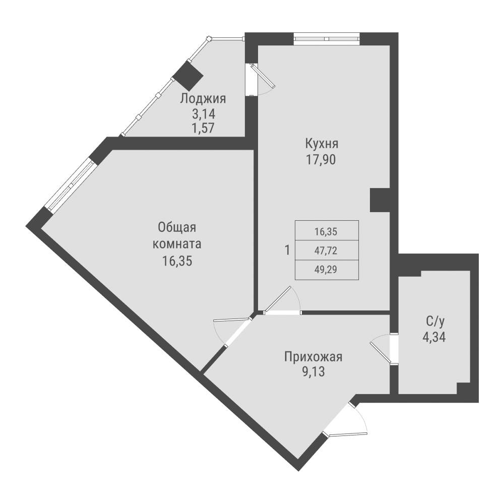 1 комн., 49.29 м²