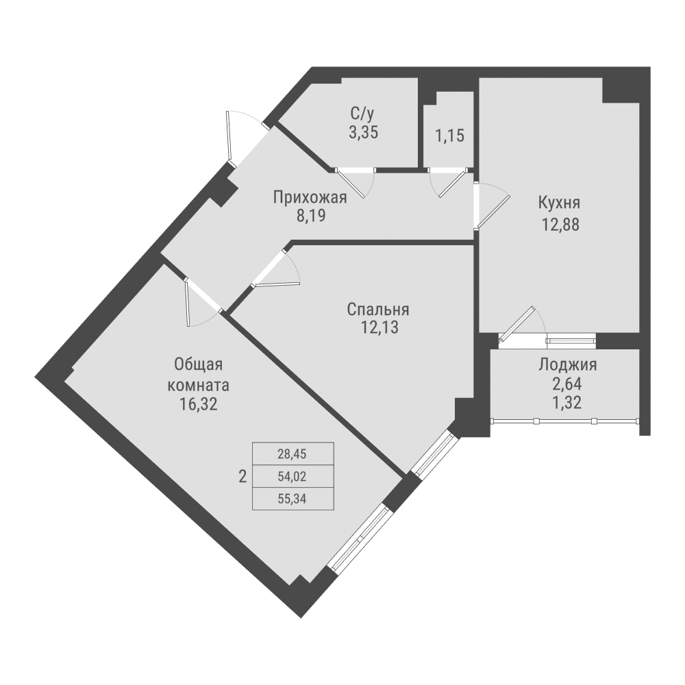 2 комн., 55.34 м²