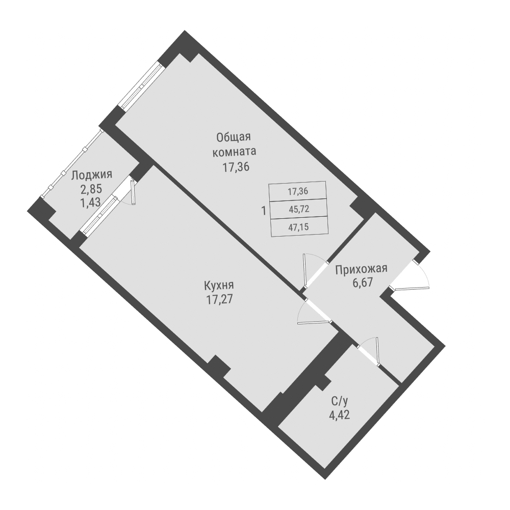 1 комн., 47.15 м²