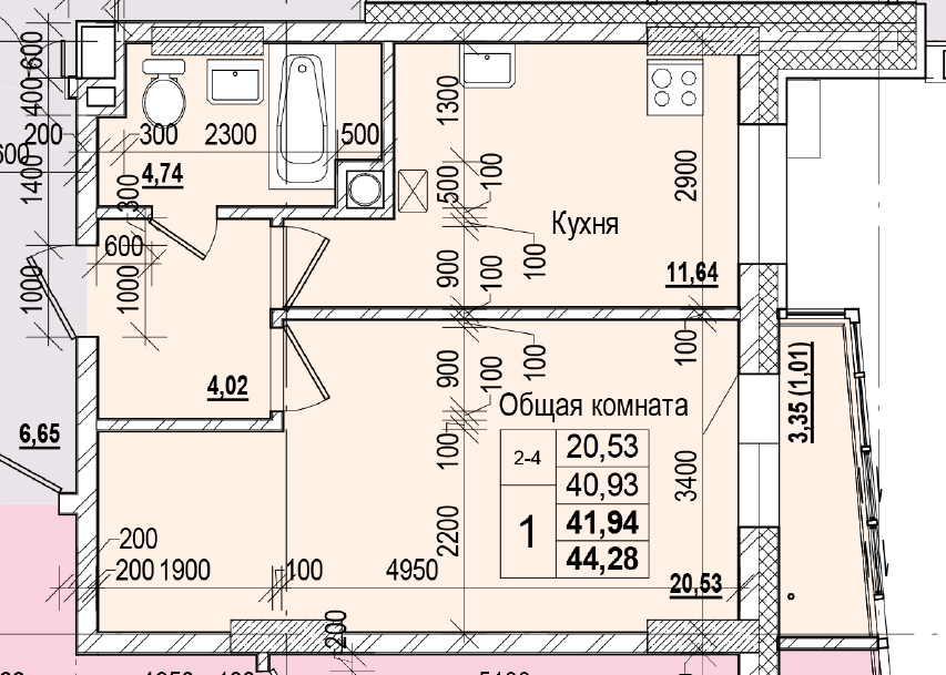 1 комн., 41.94 м²