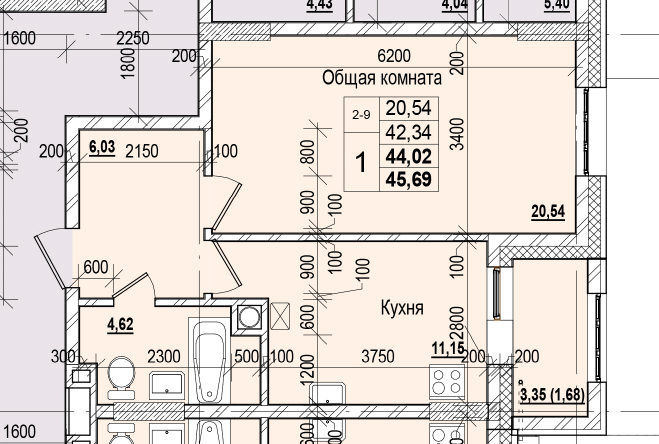 1 комн., 44.02 м²