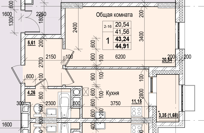 1 комн., 43.24 м²