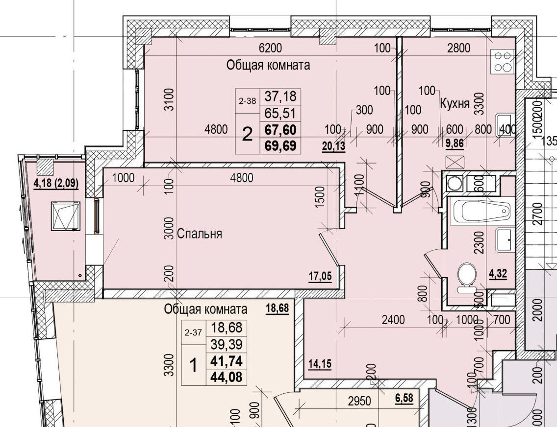 2 комн., 67.60 м²