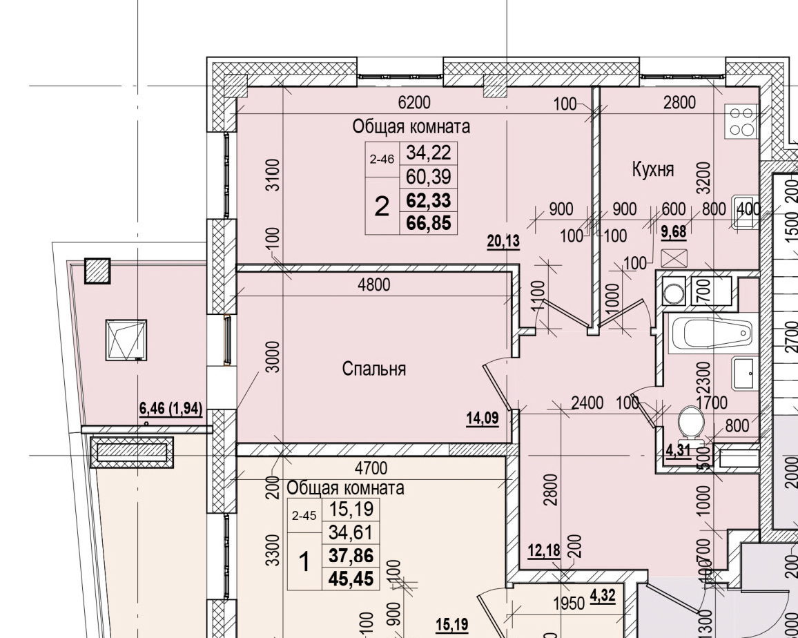 2 комн., 62.33 м²