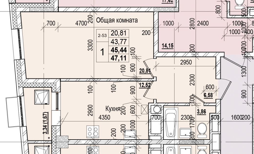 1 комн., 45.44 м²