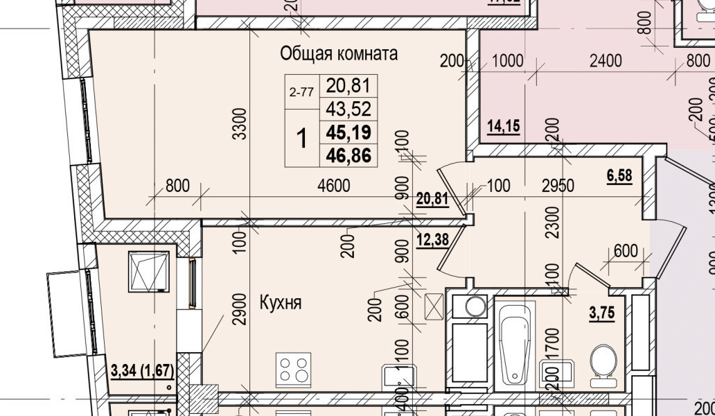 1 комн., 45.19 м²