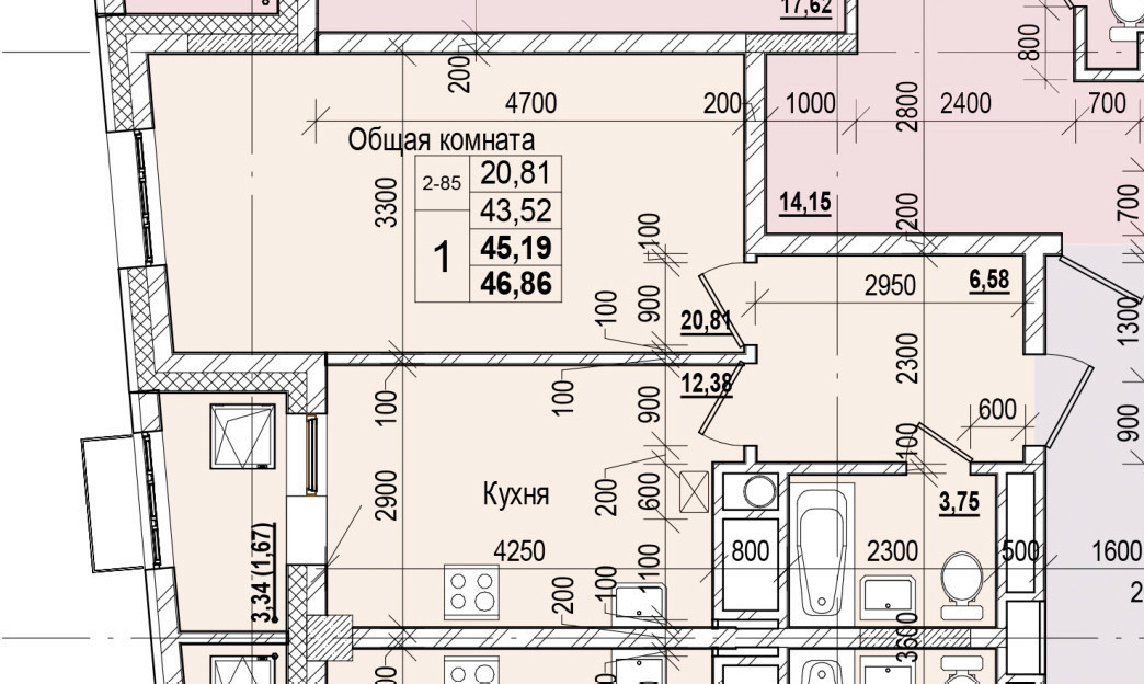 1 комн., 45.19 м²