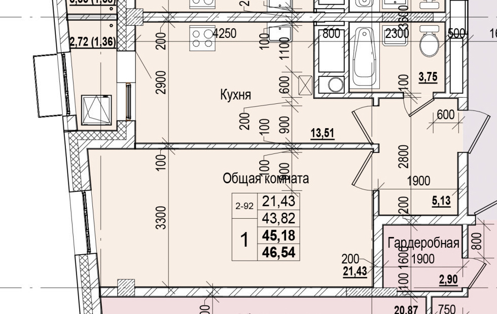 1 комн., 45.18 м²