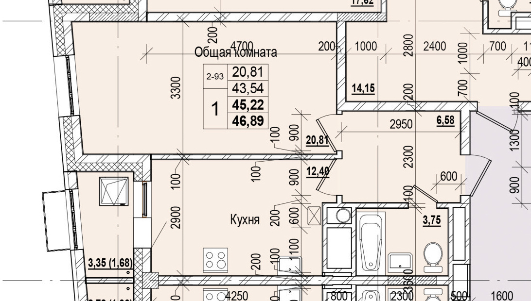 1 комн., 45.22 м²