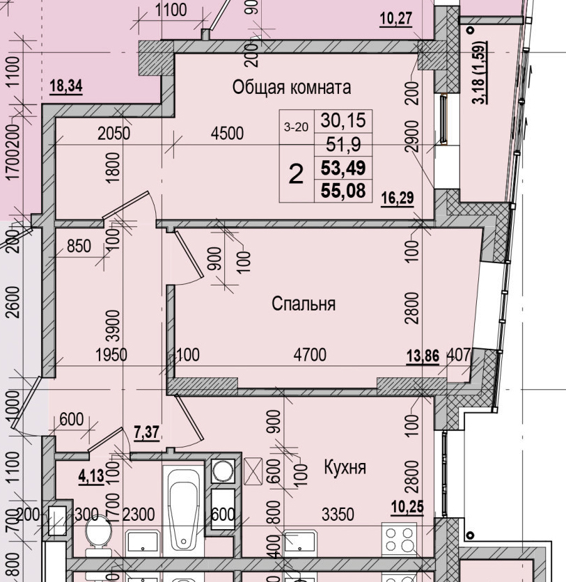 2 комн., 53.49 м²