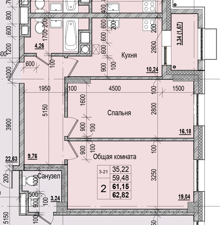 2 комн., 61.15 м²
