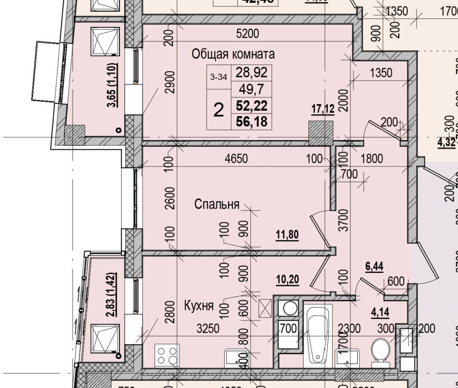 2 комн., 52.22 м²
