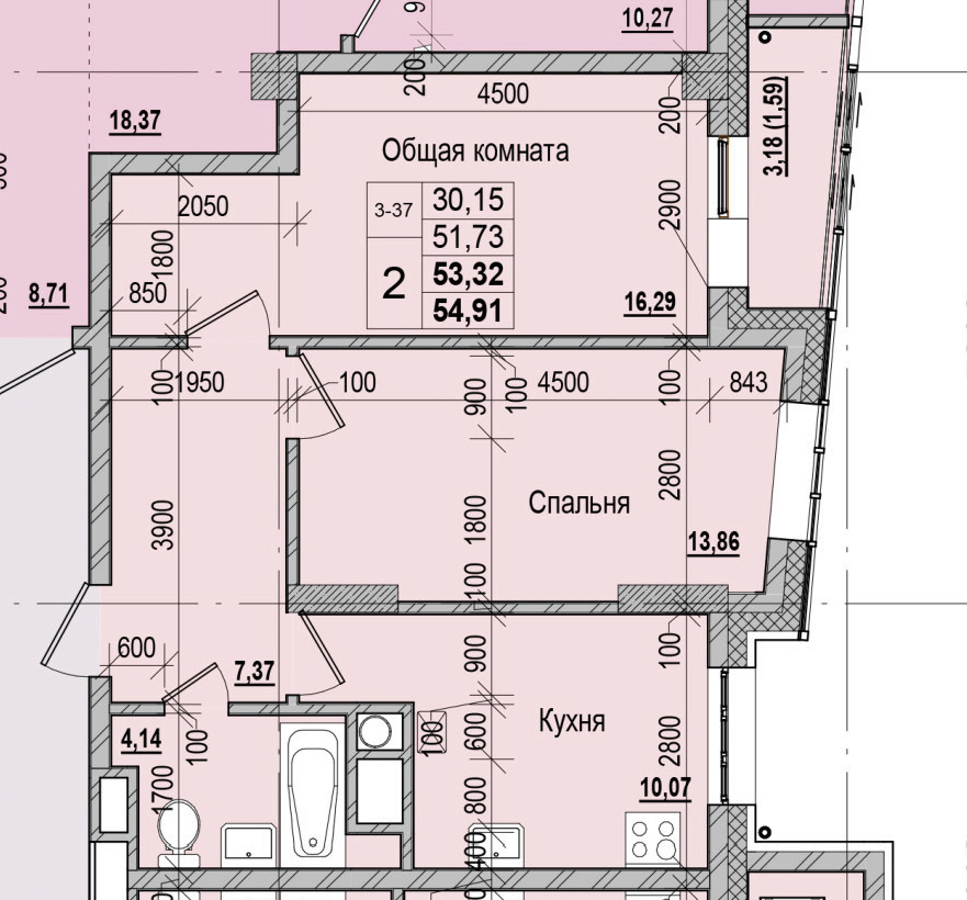 2 комн., 53.32 м²