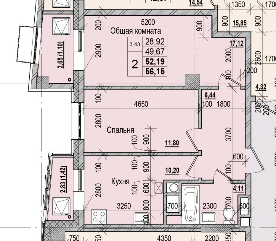 2 комн., 52.19 м²