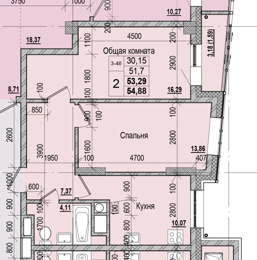 2 комн., 53.29 м²