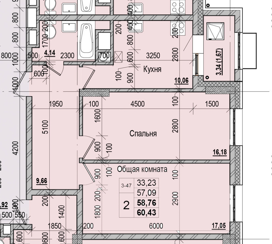 2 комн., 58.76 м²