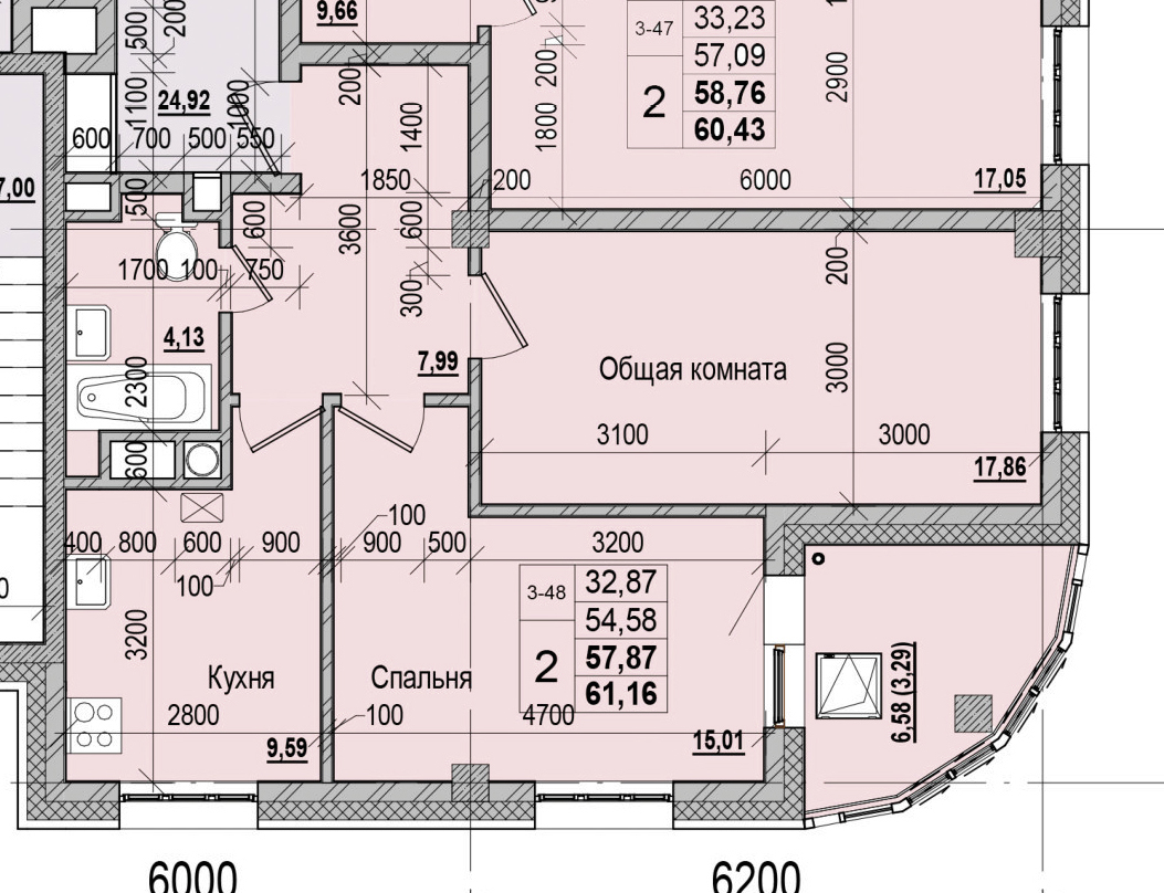 2 комн., 57.87 м²