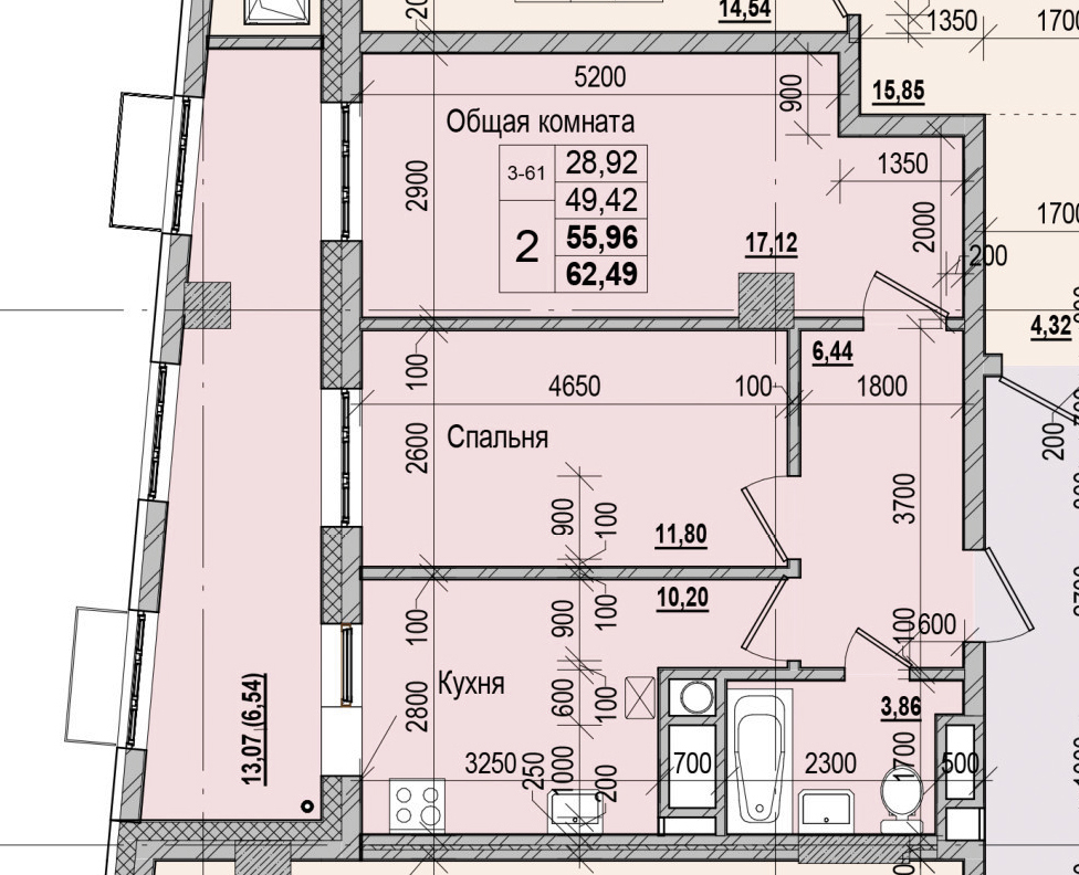 2 комн., 55.96 м²