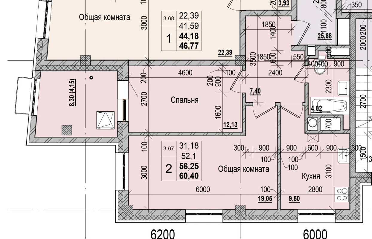2 комн., 56.25 м²