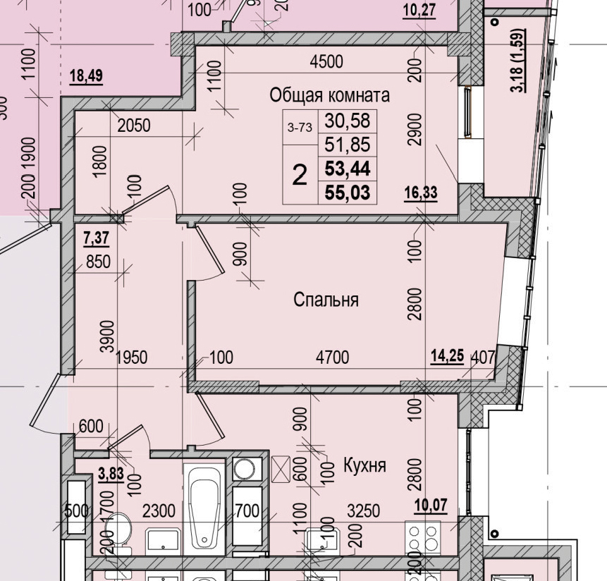 2 комн., 53.4 м²