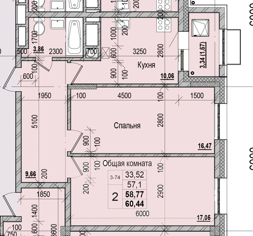 2 комн., 58.77 м²