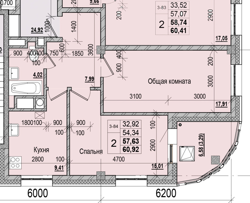 2 комн., 57.63 м²