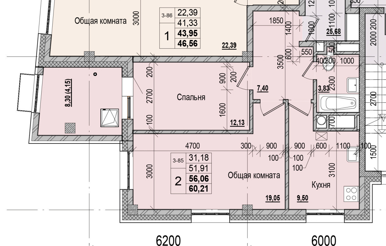 2 комн., 56.06 м²