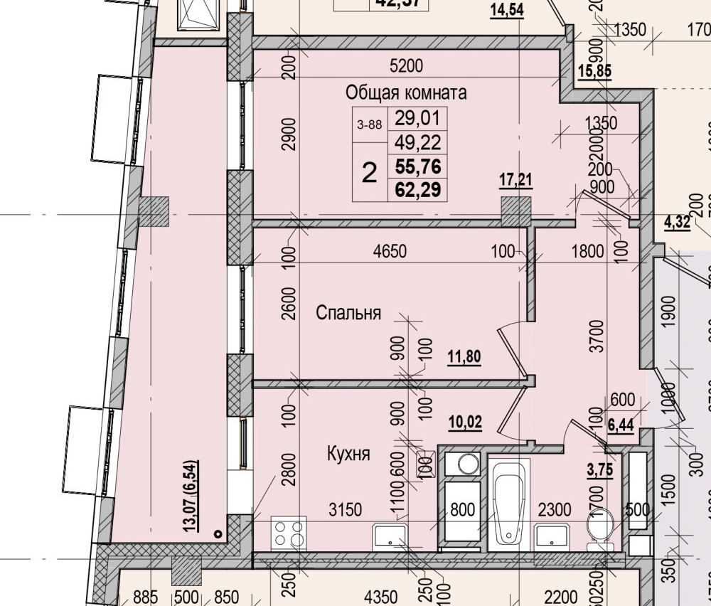 2 комн., 55.76 м²